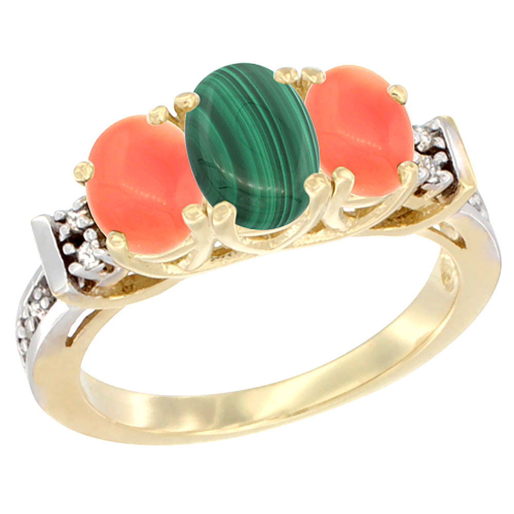 10K Yellow Gold Natural Malachite & Coral Ring 3-Stone Oval Diamond Accent