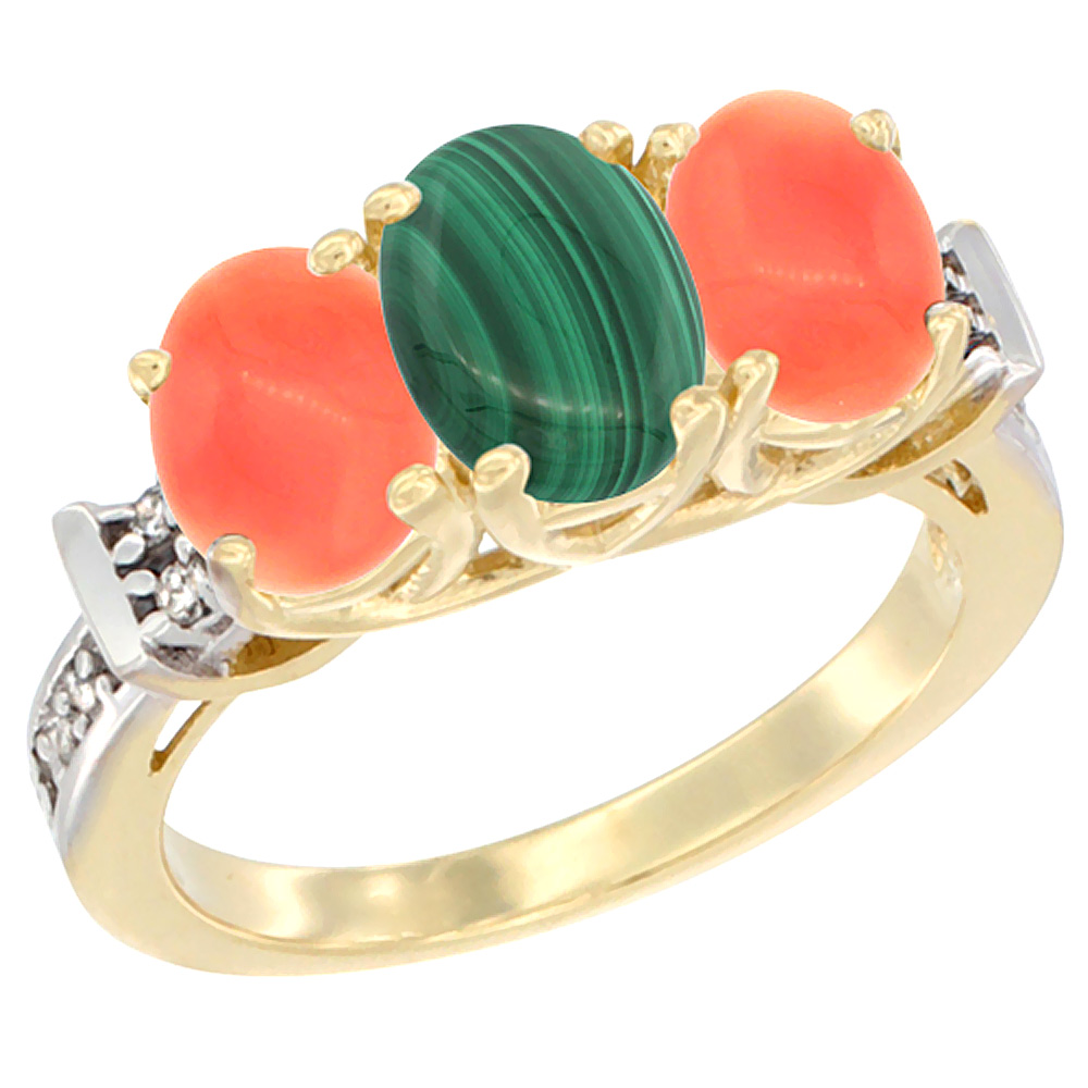 14K Yellow Gold Natural Malachite & Coral Sides Ring 3-Stone Oval Diamond Accent, sizes 5 - 10