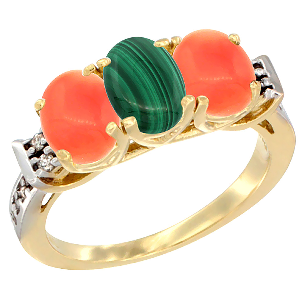 10K Yellow Gold Natural Malachite & Coral Sides Ring 3-Stone Oval 7x5 mm Diamond Accent, sizes 5 - 10