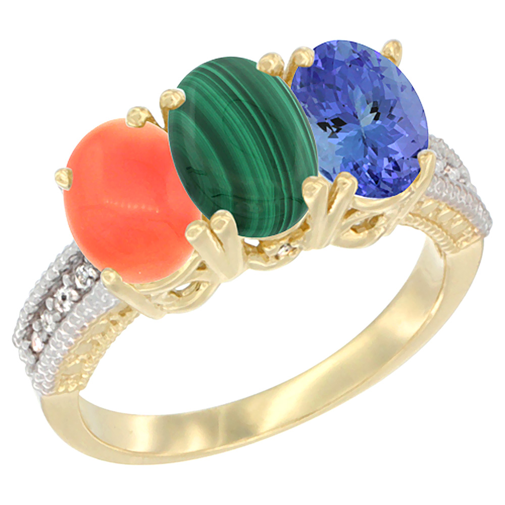 14K Yellow Gold Natural Coral, Malachite Ring with Tanzanite Ring 3-Stone 7x5 mm Oval Diamond Accent, sizes 5 - 10