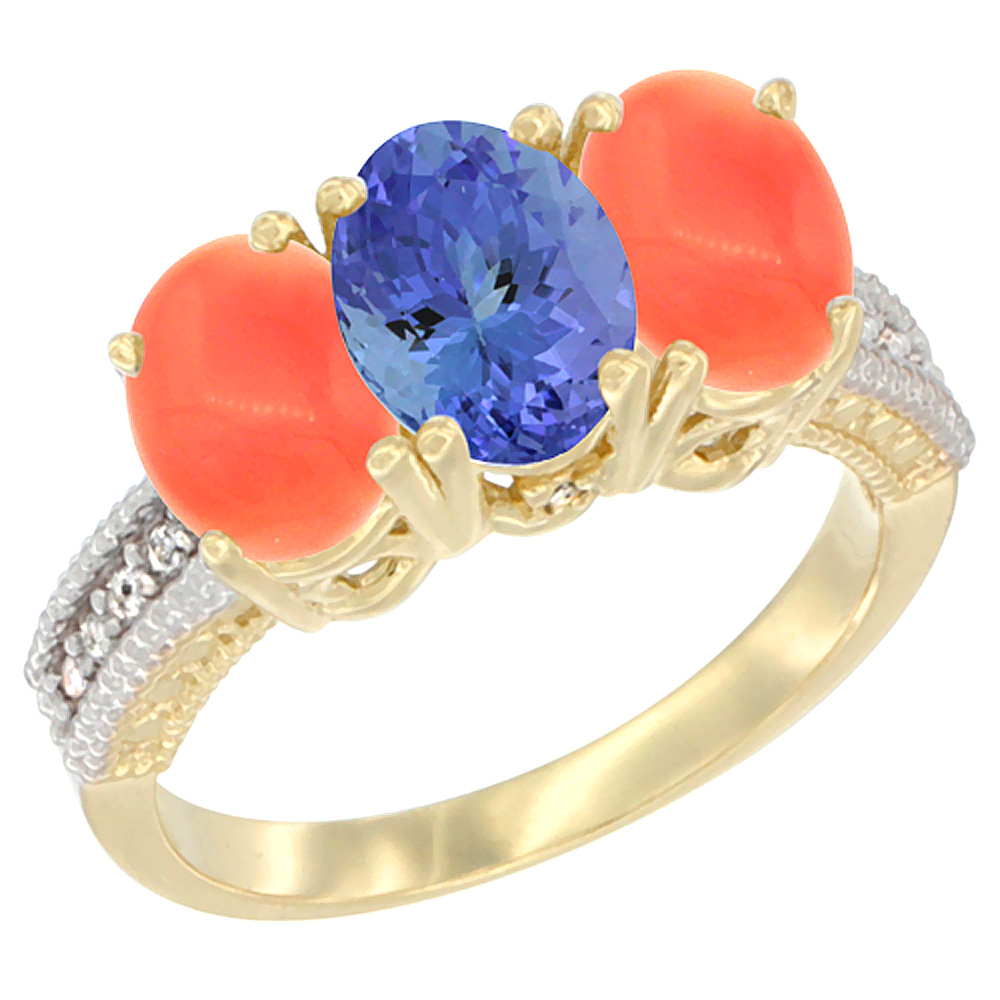 14K Yellow Gold Natural Tanzanite Ring with Coral 3-Stone 7x5 mm Oval Diamond Accent, sizes 5 - 10