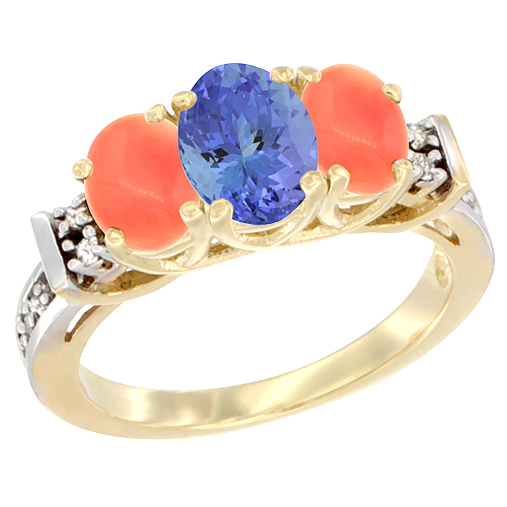 10K Yellow Gold Natural Tanzanite & Coral Ring 3-Stone Oval Diamond Accent