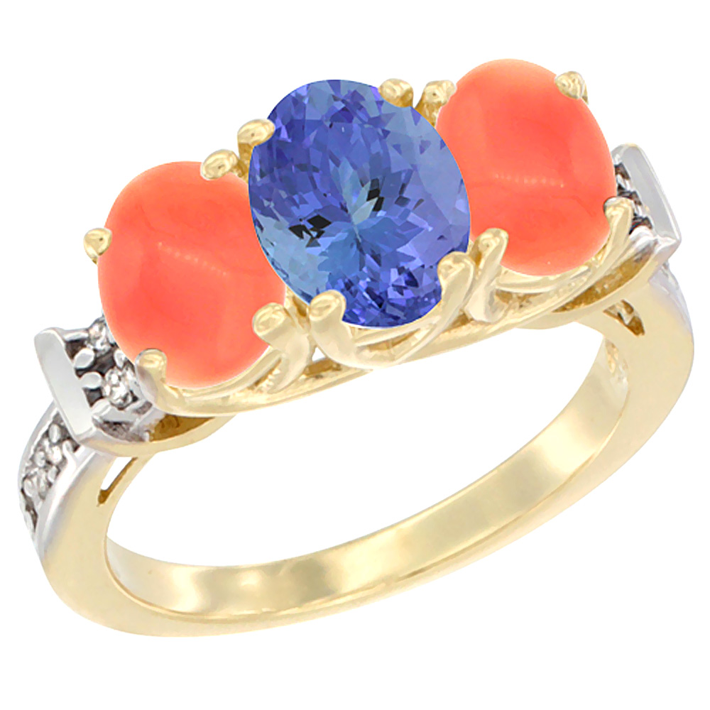 14K Yellow Gold Natural Tanzanite &amp; Coral Sides Ring 3-Stone Oval Diamond Accent, sizes 5 - 10