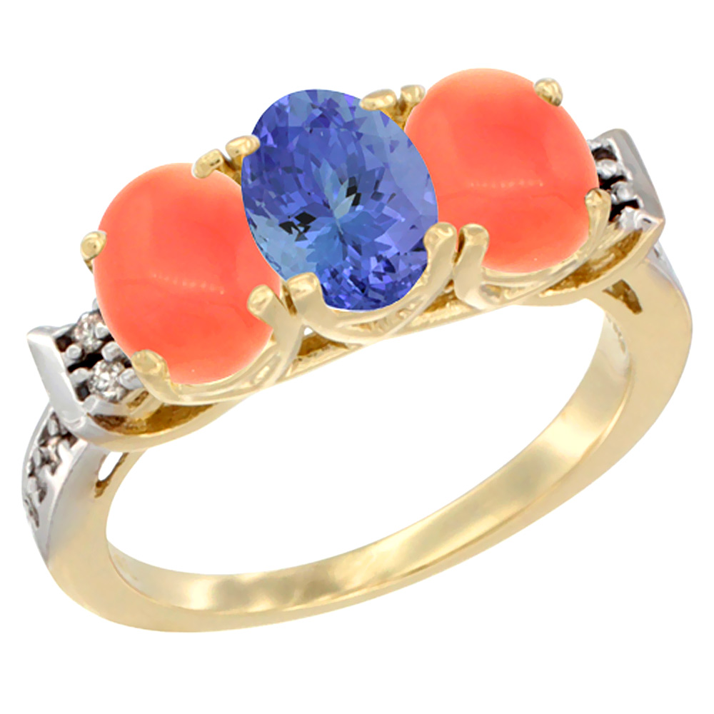 14K Yellow Gold Natural Tanzanite &amp; Coral Ring 3-Stone 7x5 mm Oval Diamond Accent, sizes 5 - 10