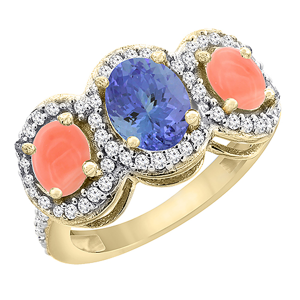 14K Yellow Gold Natural Tanzanite & Coral 3-Stone Ring Oval Diamond Accent, sizes 5 - 10