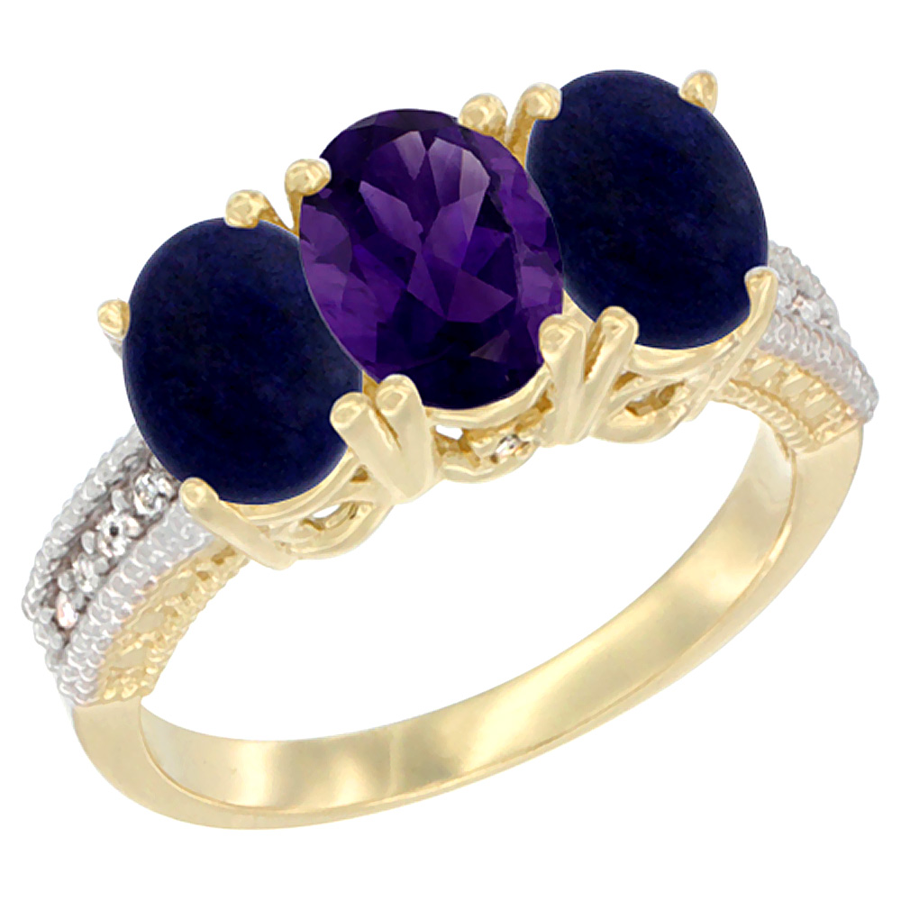 14K Yellow Gold Natural Amethyst Ring with Lapis 3-Stone 7x5 mm Oval Diamond Accent, sizes 5 - 10