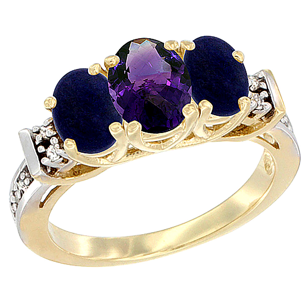 10K Yellow Gold Natural Amethyst wtih Lapis Ring 3-Stone Oval Diamond Accent