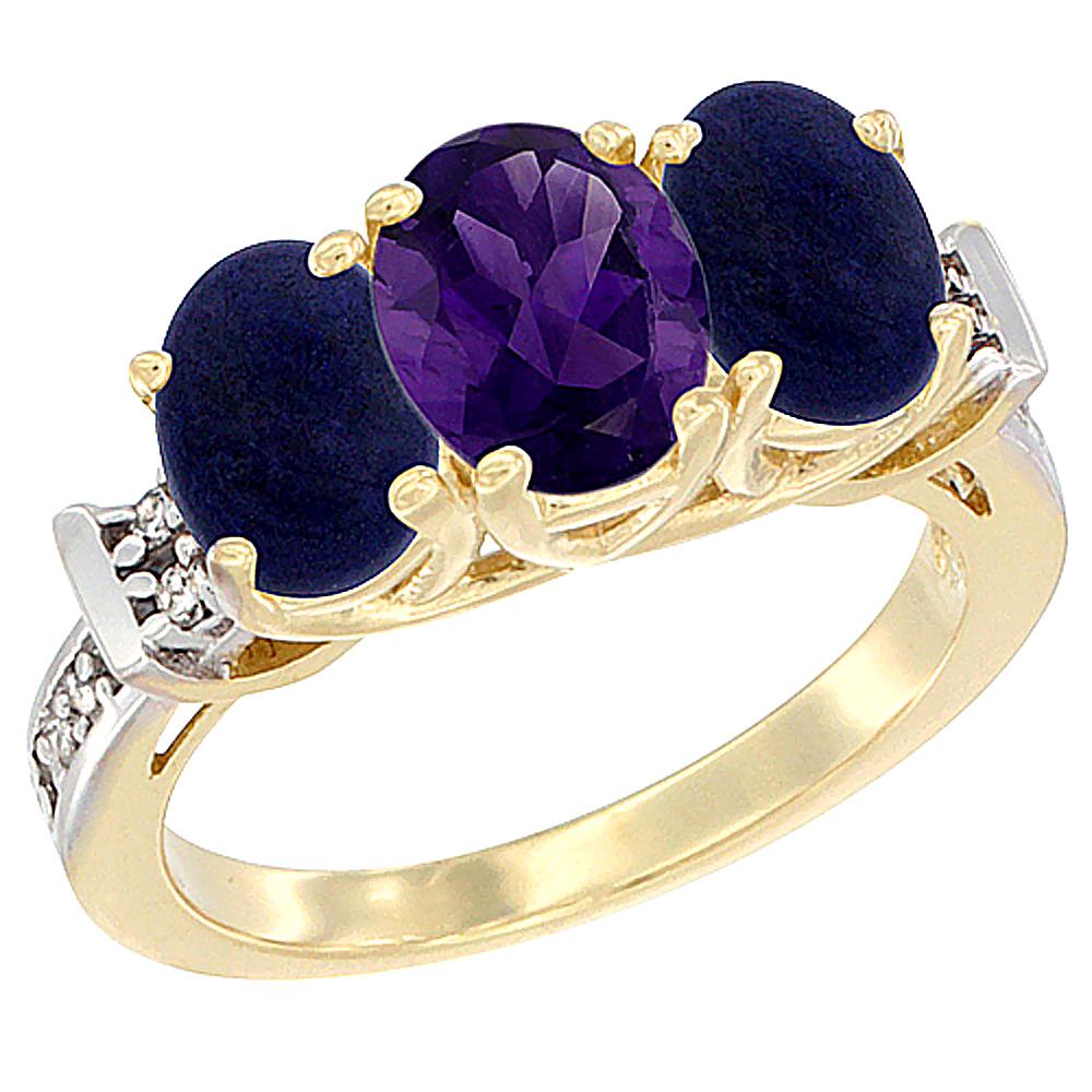 14K Yellow Gold Natural Amethyst & Lapis Sides Ring 3-Stone Oval Diamond Accent, sizes 5 - 10