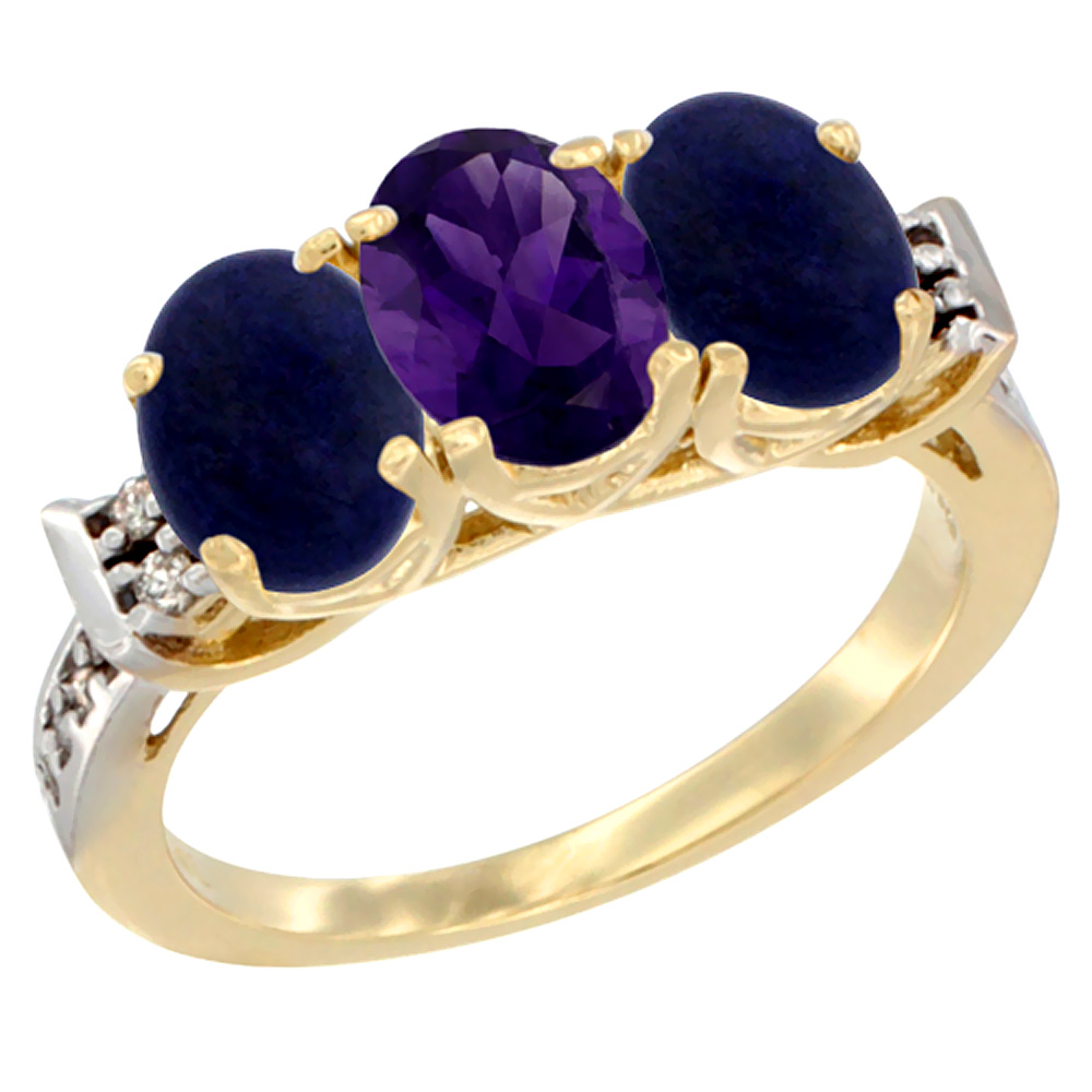10K Yellow Gold Natural Amethyst & Lapis Sides Ring 3-Stone Oval 7x5 mm Diamond Accent, sizes 5 - 10
