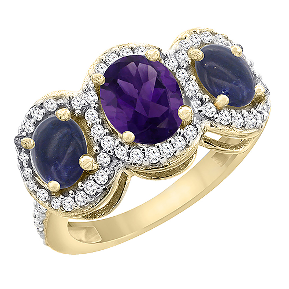 10K Yellow Gold Natural Amethyst &amp; Lapis 3-Stone Ring Oval Diamond Accent, sizes 5 - 10