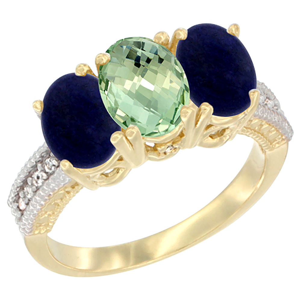 14K Yellow Gold Natural Green Amethyst Ring with Lapis 3-Stone 7x5 mm Oval Diamond Accent, sizes 5 - 10