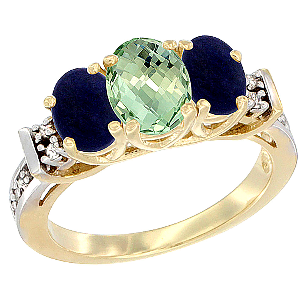 10K Yellow Gold Natural Green Amethyst & Lapis Ring 3-Stone Oval Diamond Accent
