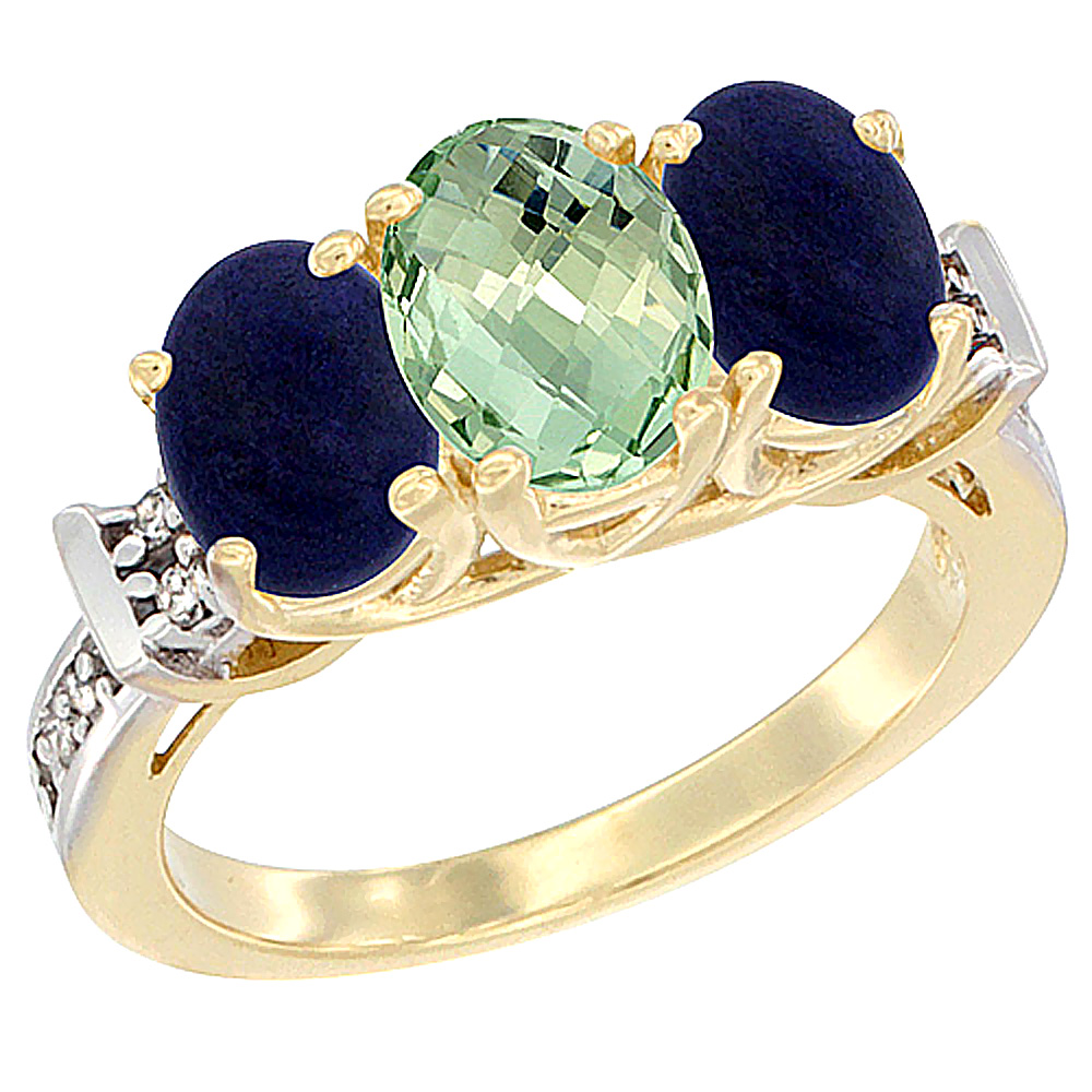 10K Yellow Gold Natural Green Amethyst & Lapis Sides Ring 3-Stone Oval Diamond Accent, sizes 5 - 10