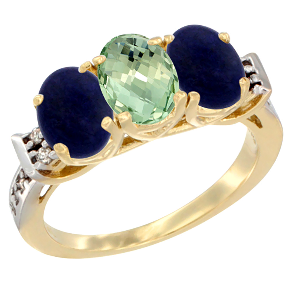 10K Yellow Gold Natural Green Amethyst & Lapis Sides Ring 3-Stone Oval 7x5 mm Diamond Accent, sizes 5 - 10