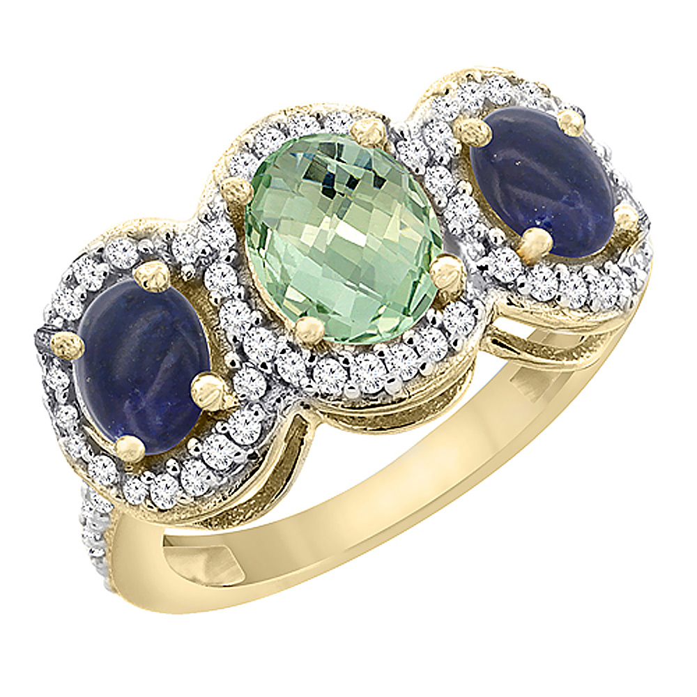 14K Yellow Gold Natural Green Amethyst & Lapis 3-Stone Ring Oval Diamond Accent, sizes 5 - 10