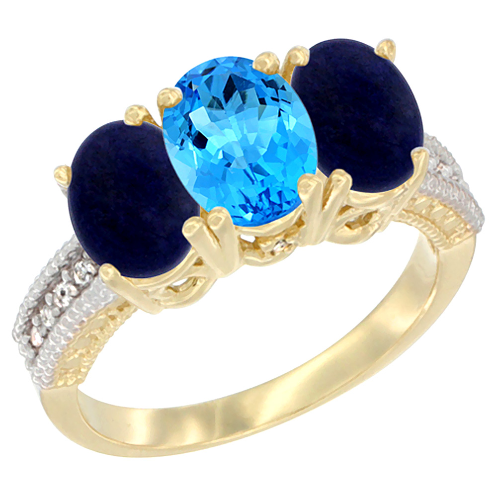 14K Yellow Gold Natural Swiss Blue Topaz Ring with Lapis 3-Stone 7x5 mm Oval Diamond Accent, sizes 5 - 10