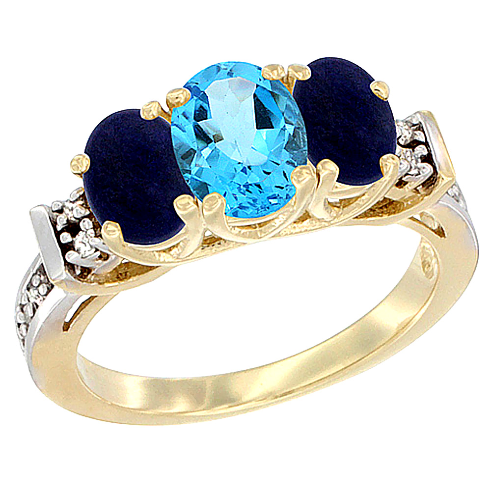 14K Yellow Gold Natural Swiss Blue Topaz &amp; Lapis Ring 3-Stone Oval Diamond Accent