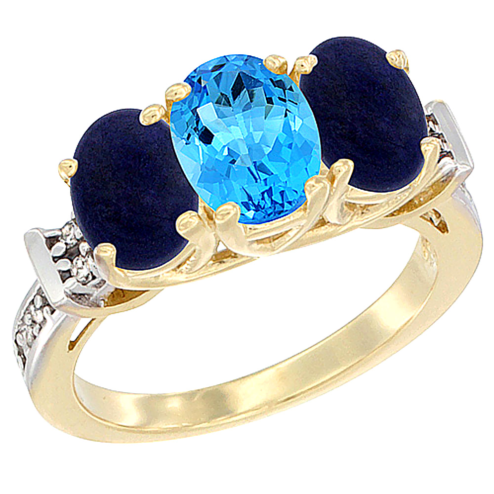 10K Yellow Gold Natural Swiss Blue Topaz &amp; Lapis Sides Ring 3-Stone Oval Diamond Accent, sizes 5 - 10