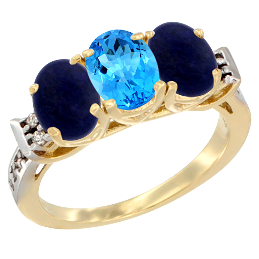 10K Yellow Gold Natural Swiss Blue Topaz & Lapis Sides Ring 3-Stone Oval 7x5 mm Diamond Accent, sizes 5 - 10