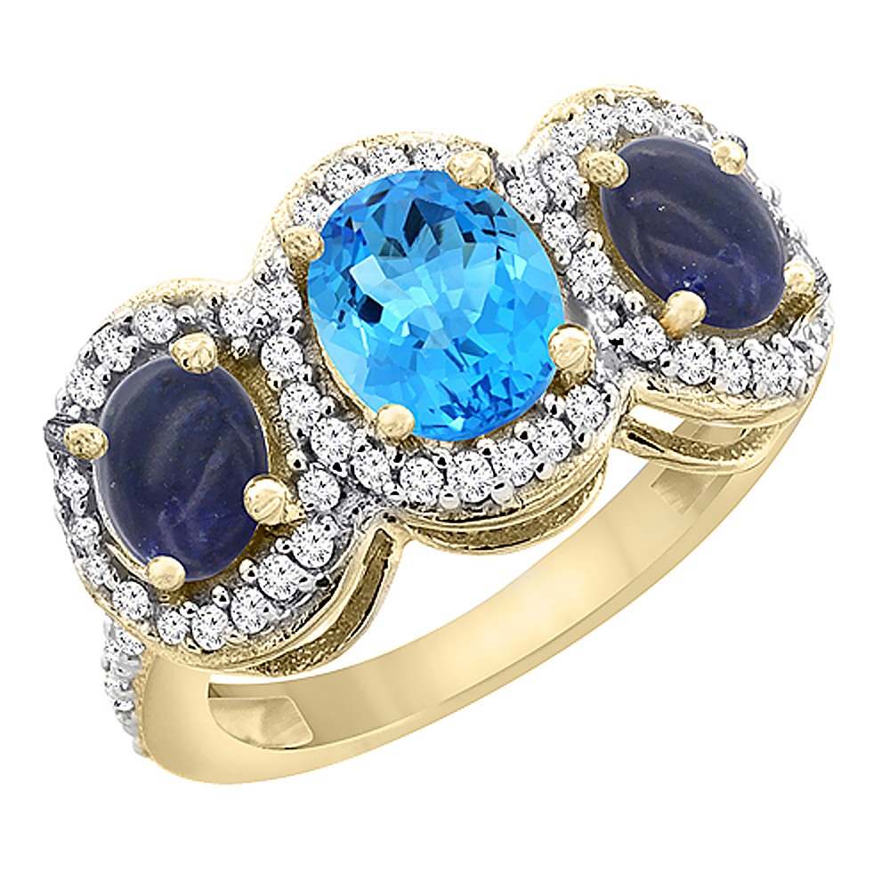 14K Yellow Gold Natural Swiss Blue Topaz & Lapis 3-Stone Ring Oval Diamond Accent, sizes 5 - 10