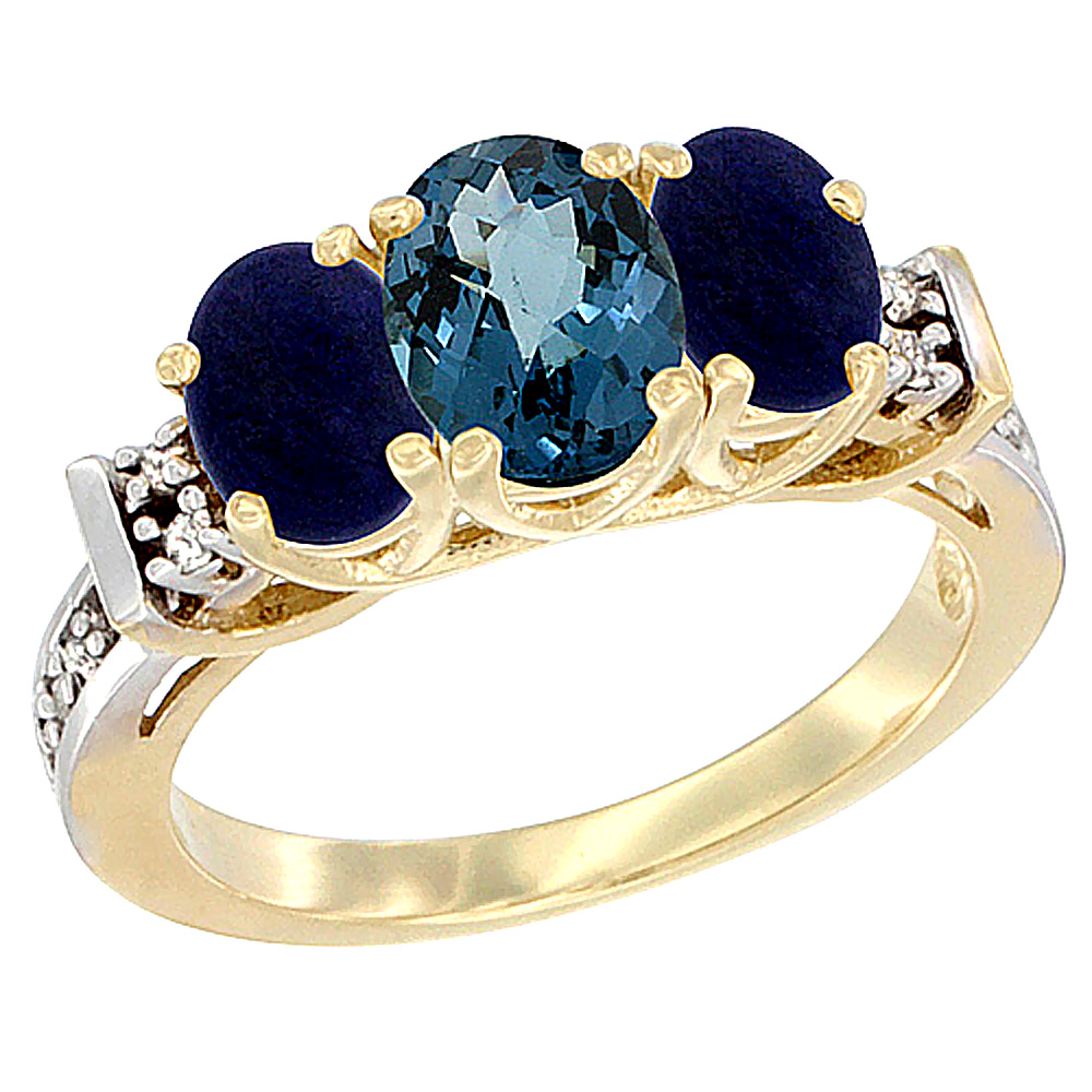 14K Yellow Gold Natural London Blue Topaz & Lapis Ring 3-Stone Oval Diamond Accent