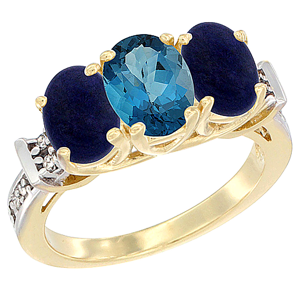 10K Yellow Gold Natural London Blue Topaz & Lapis Sides Ring 3-Stone Oval Diamond Accent, sizes 5 - 10
