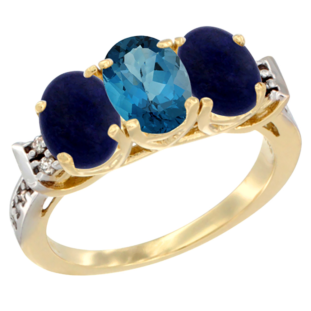 10K Yellow Gold Natural London Blue Topaz & Lapis Sides Ring 3-Stone Oval 7x5 mm Diamond Accent, sizes 5 - 10