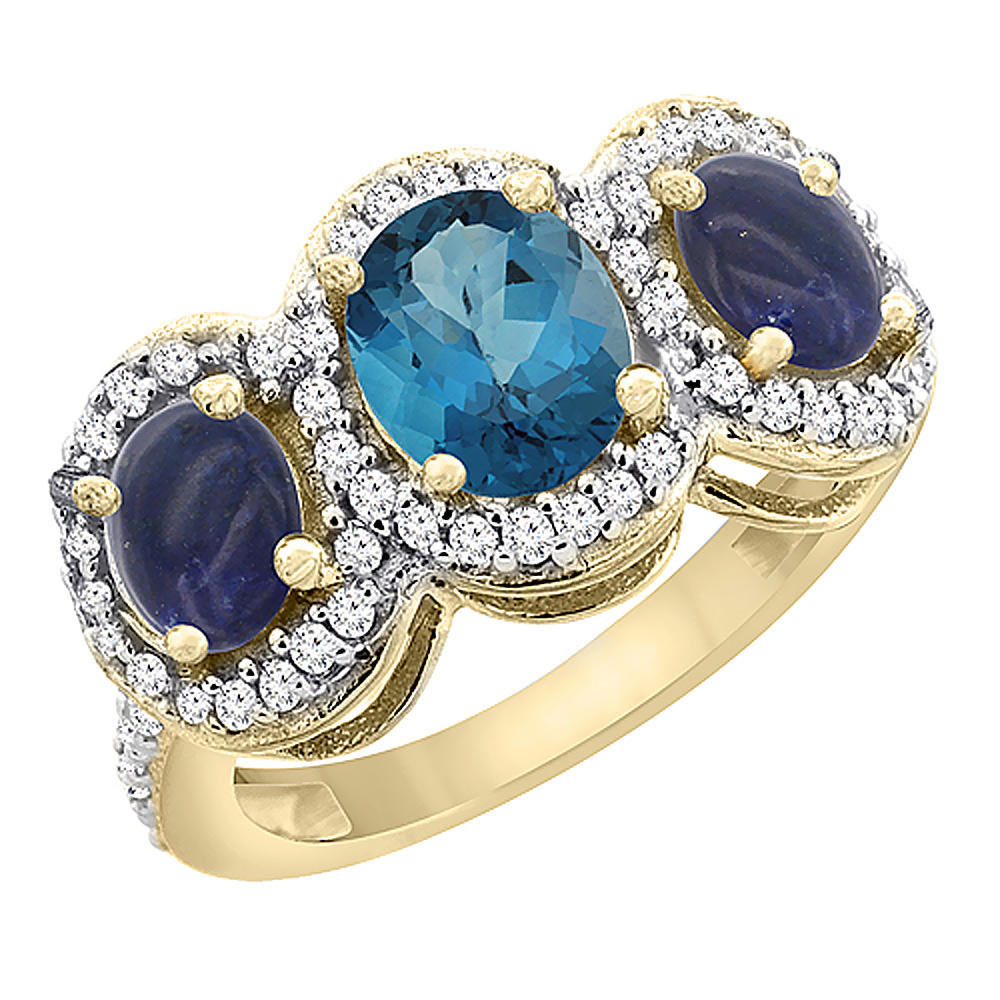 14K Yellow Gold Natural London Blue Topaz & Lapis 3-Stone Ring Oval Diamond Accent, sizes 5 - 10