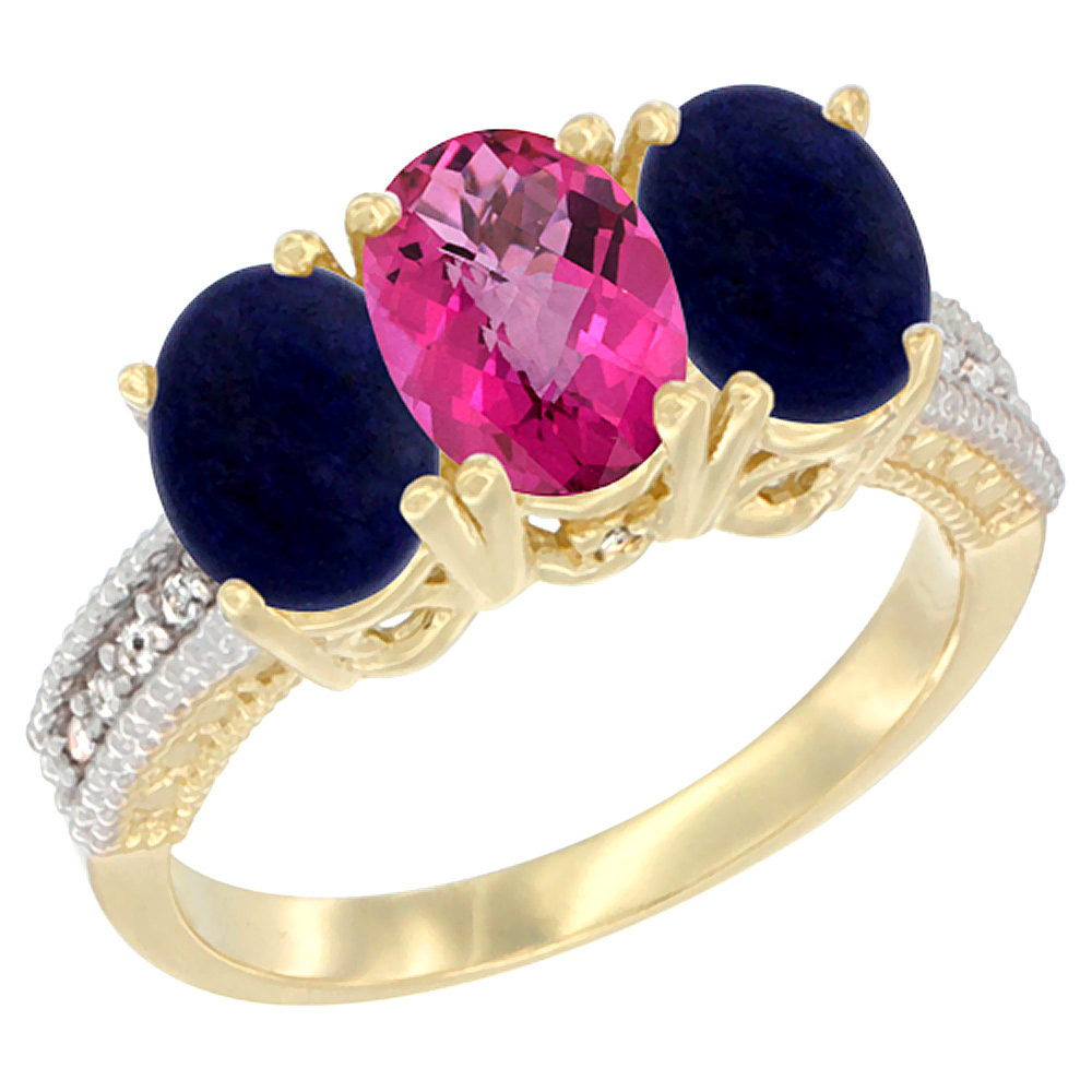 14K Yellow Gold Natural Pink Topaz Ring with Lapis 3-Stone 7x5 mm Oval Diamond Accent, sizes 5 - 10