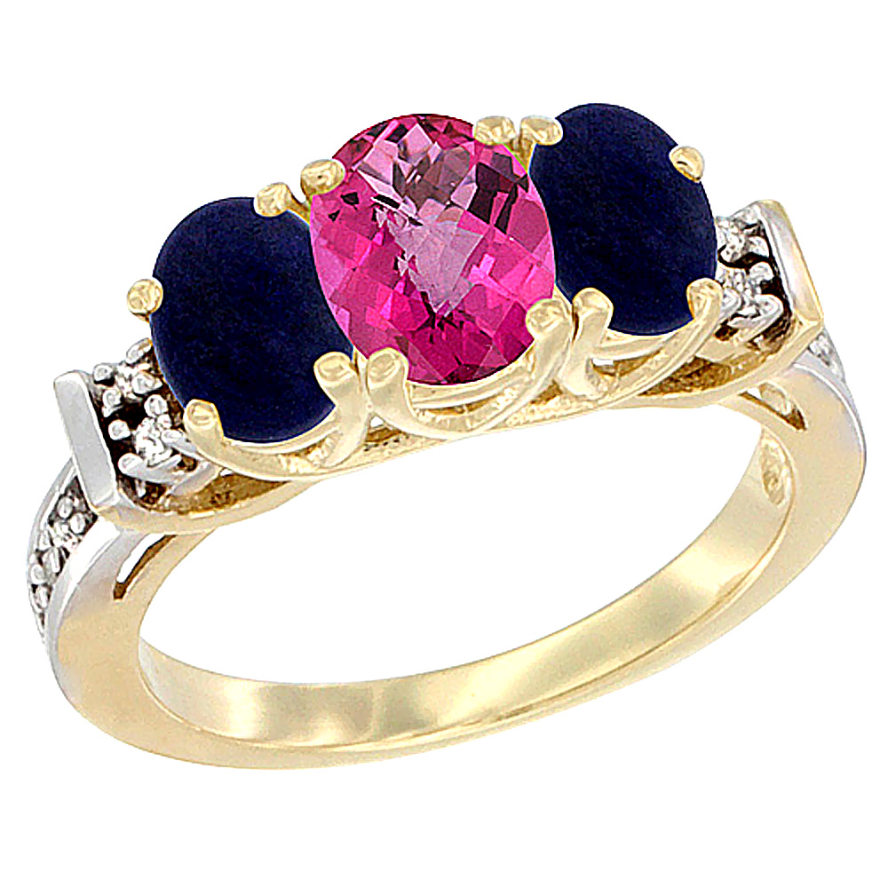 14K Yellow Gold Natural Pink Topaz & Lapis Ring 3-Stone Oval Diamond Accent