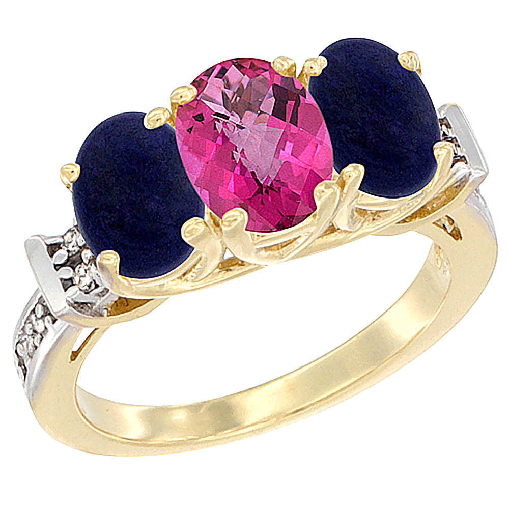14K Yellow Gold Natural Pink Topaz & Lapis Sides Ring 3-Stone Oval Diamond Accent, sizes 5 - 10