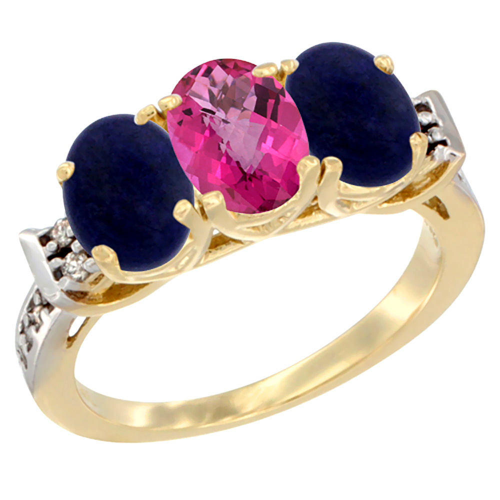 10K Yellow Gold Natural Pink Topaz & Lapis Sides Ring 3-Stone Oval 7x5 mm Diamond Accent, sizes 5 - 10