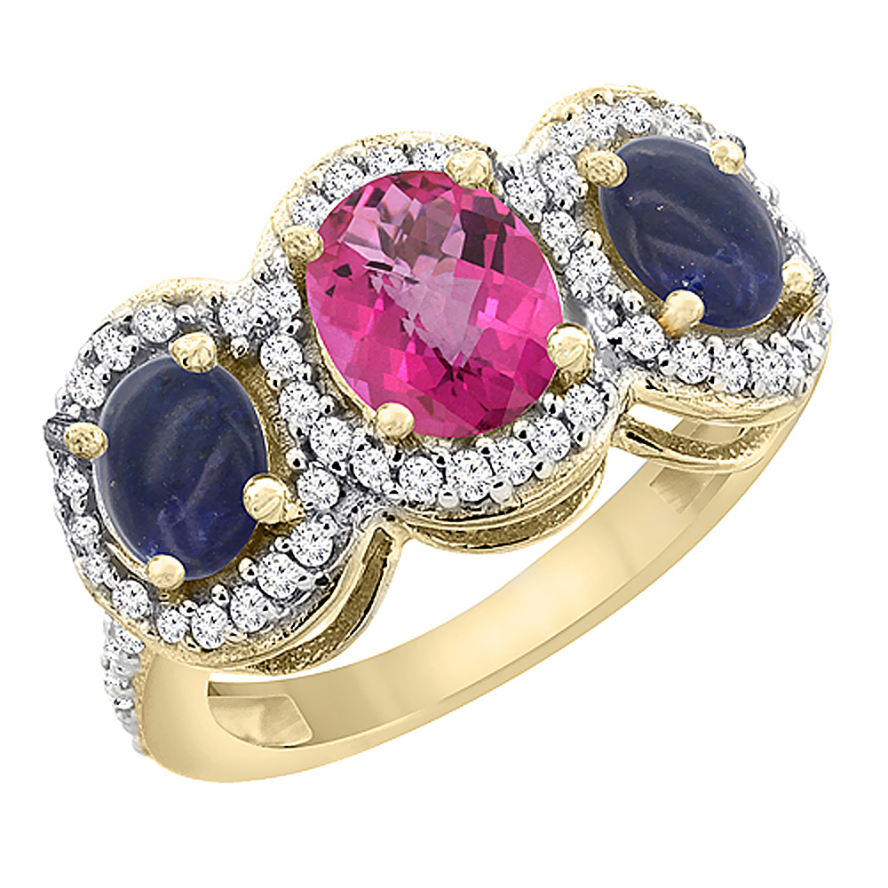 10K Yellow Gold Natural Pink Topaz & Lapis 3-Stone Ring Oval Diamond Accent, sizes 5 - 10