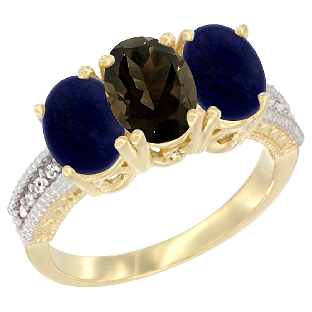 14K Yellow Gold Natural Smoky Topaz Ring with Lapis 3-Stone 7x5 mm Oval Diamond Accent, sizes 5 - 10