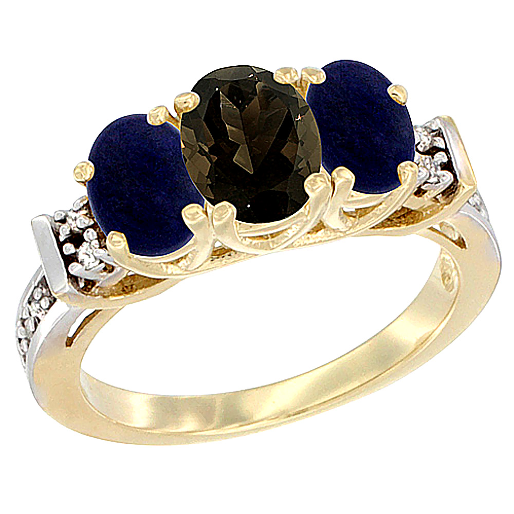 10K Yellow Gold Natural Smoky Topaz &amp; Lapis Ring 3-Stone Oval Diamond Accent