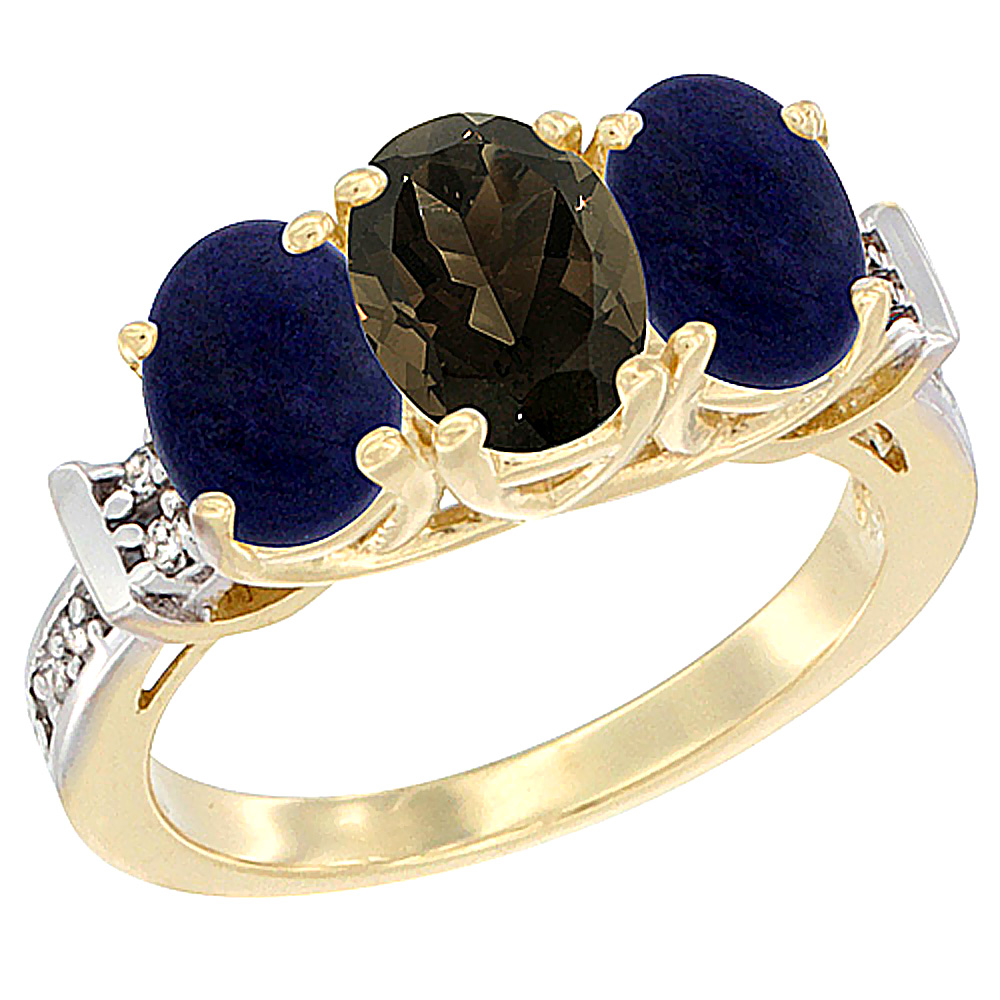 10K Yellow Gold Natural Smoky Topaz & Lapis Sides Ring 3-Stone Oval Diamond Accent, sizes 5 - 10