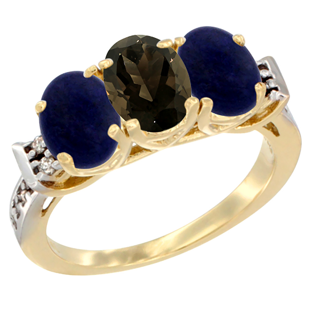 10K Yellow Gold Natural Smoky Topaz &amp; Lapis Sides Ring 3-Stone Oval 7x5 mm Diamond Accent, sizes 5 - 10