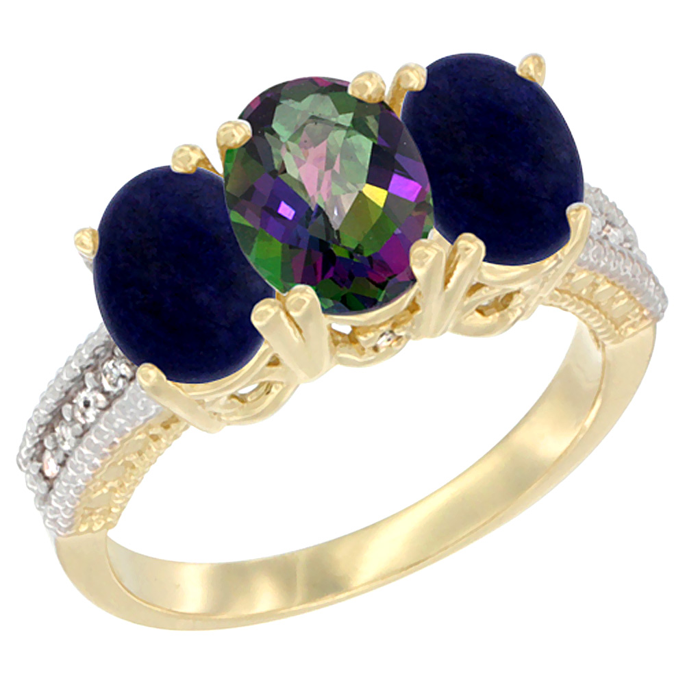 14K Yellow Gold Natural Mystic Topaz Ring with Lapis 3-Stone 7x5 mm Oval Diamond Accent, sizes 5 - 10