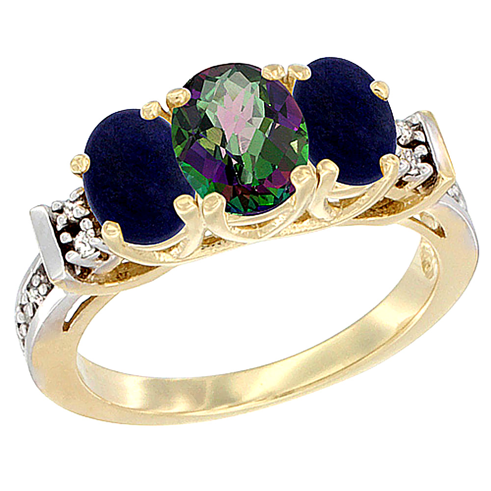 10K Yellow Gold Natural Mystic Topaz & Lapis Ring 3-Stone Oval Diamond Accent