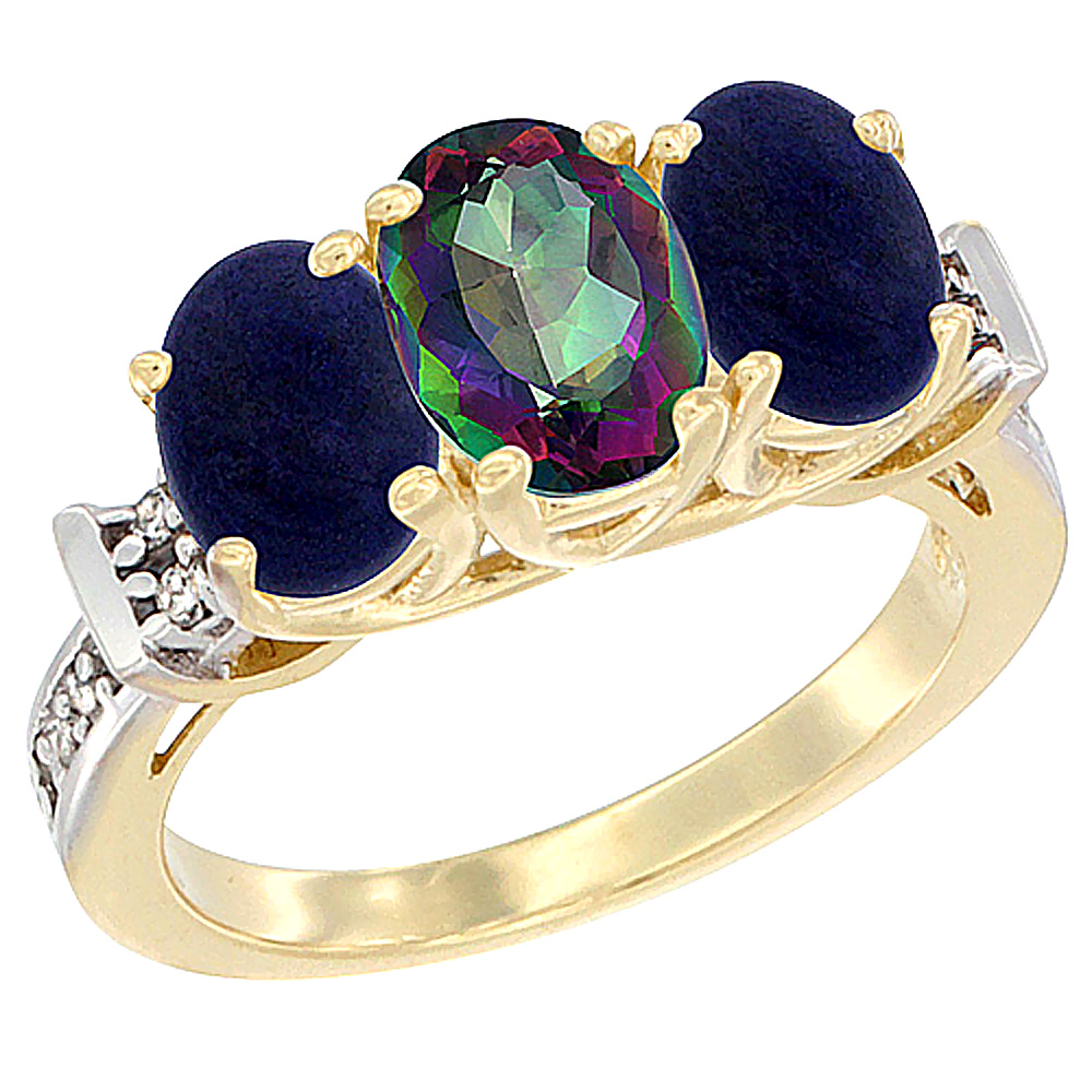 10K Yellow Gold Natural Mystic Topaz & Lapis Sides Ring 3-Stone Oval Diamond Accent, sizes 5 - 10