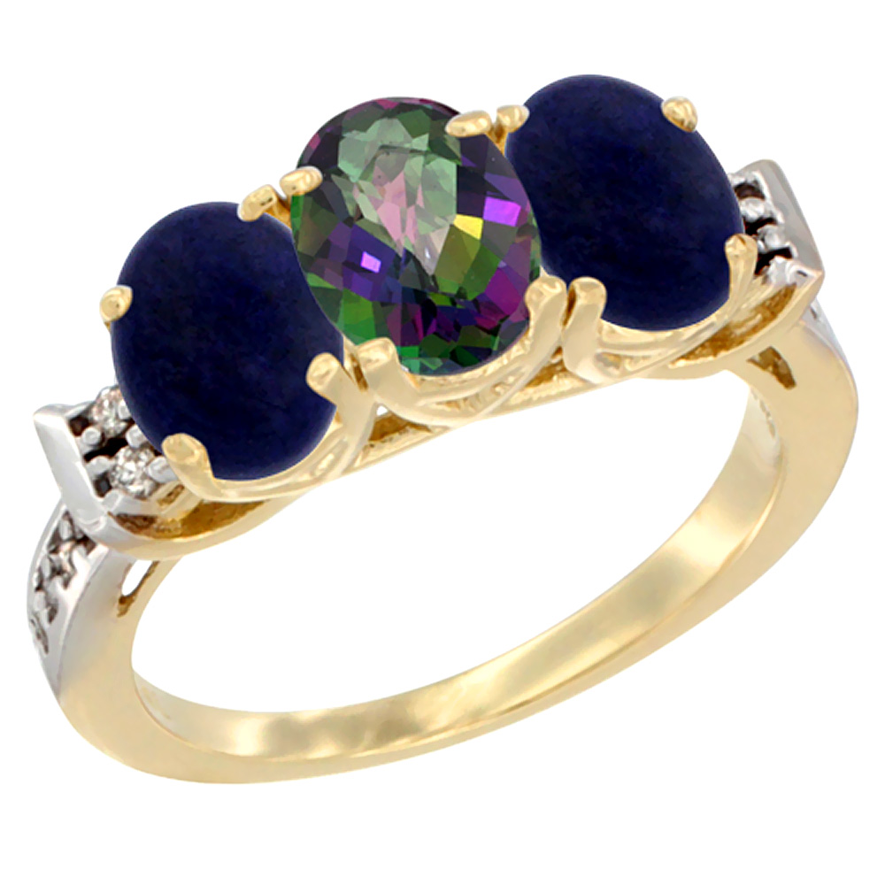10K Yellow Gold Natural Mystic Topaz &amp; Lapis Sides Ring 3-Stone Oval 7x5 mm Diamond Accent, sizes 5 - 10