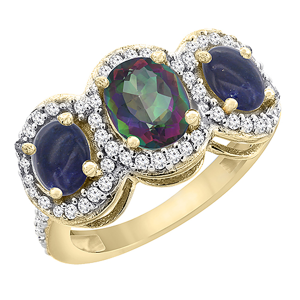 10K Yellow Gold Natural Mystic Topaz & Lapis 3-Stone Ring Oval Diamond Accent, sizes 5 - 10
