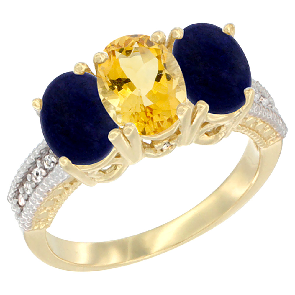 14K Yellow Gold Natural Citrine Ring with Lapis 3-Stone 7x5 mm Oval Diamond Accent, sizes 5 - 10