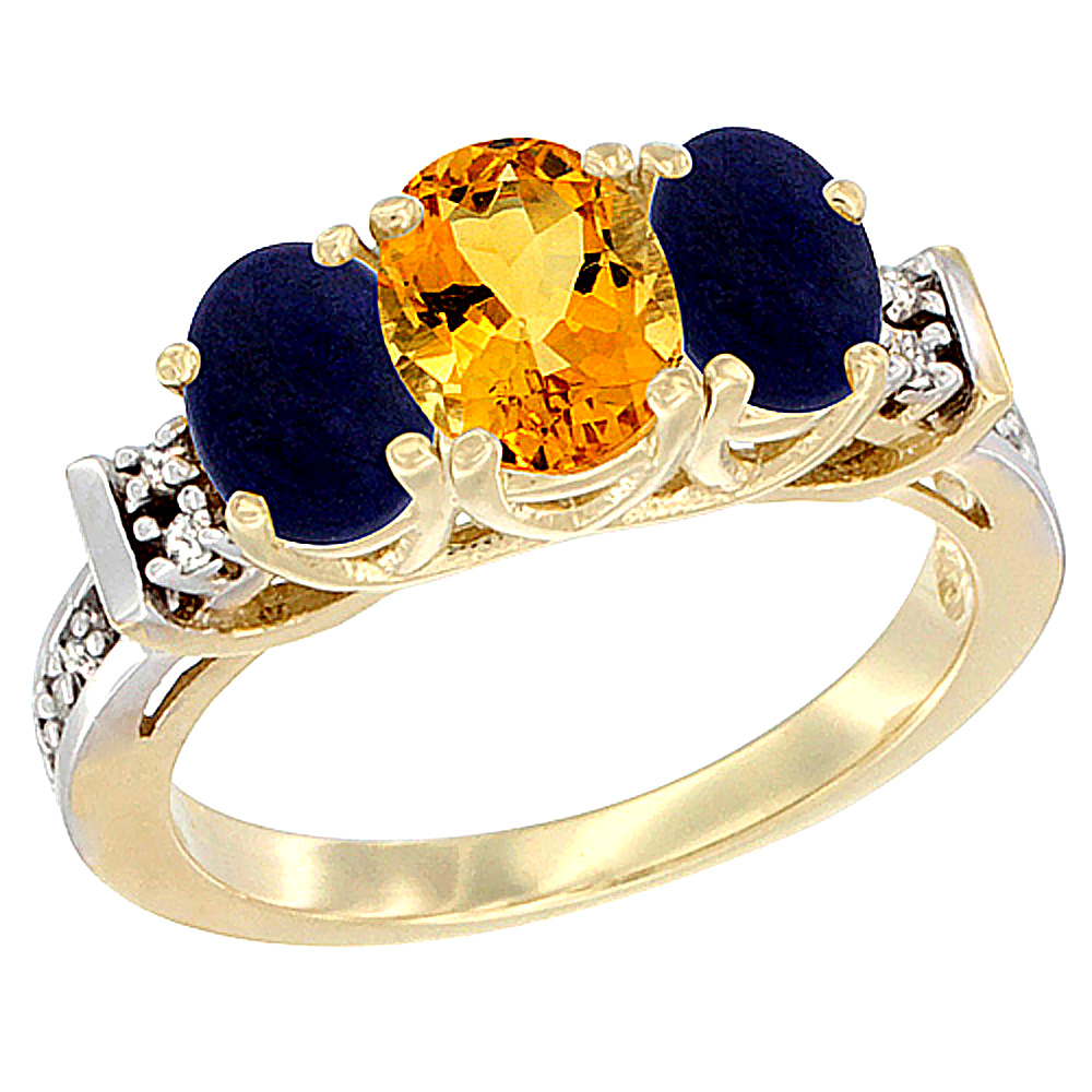 14K Yellow Gold Natural Citrine & Lapis Ring 3-Stone Oval Diamond Accent