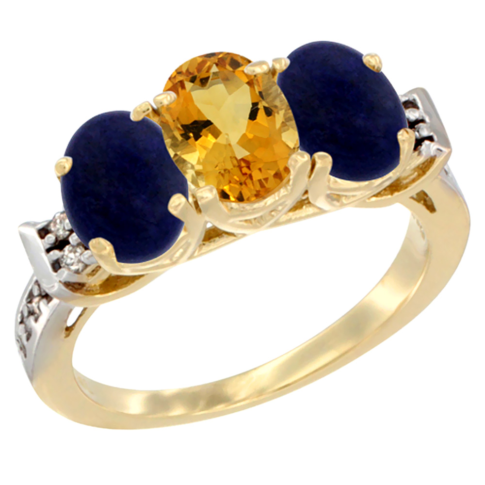 10K Yellow Gold Natural Citrine & Lapis Sides Ring 3-Stone Oval 7x5 mm Diamond Accent, sizes 5 - 10