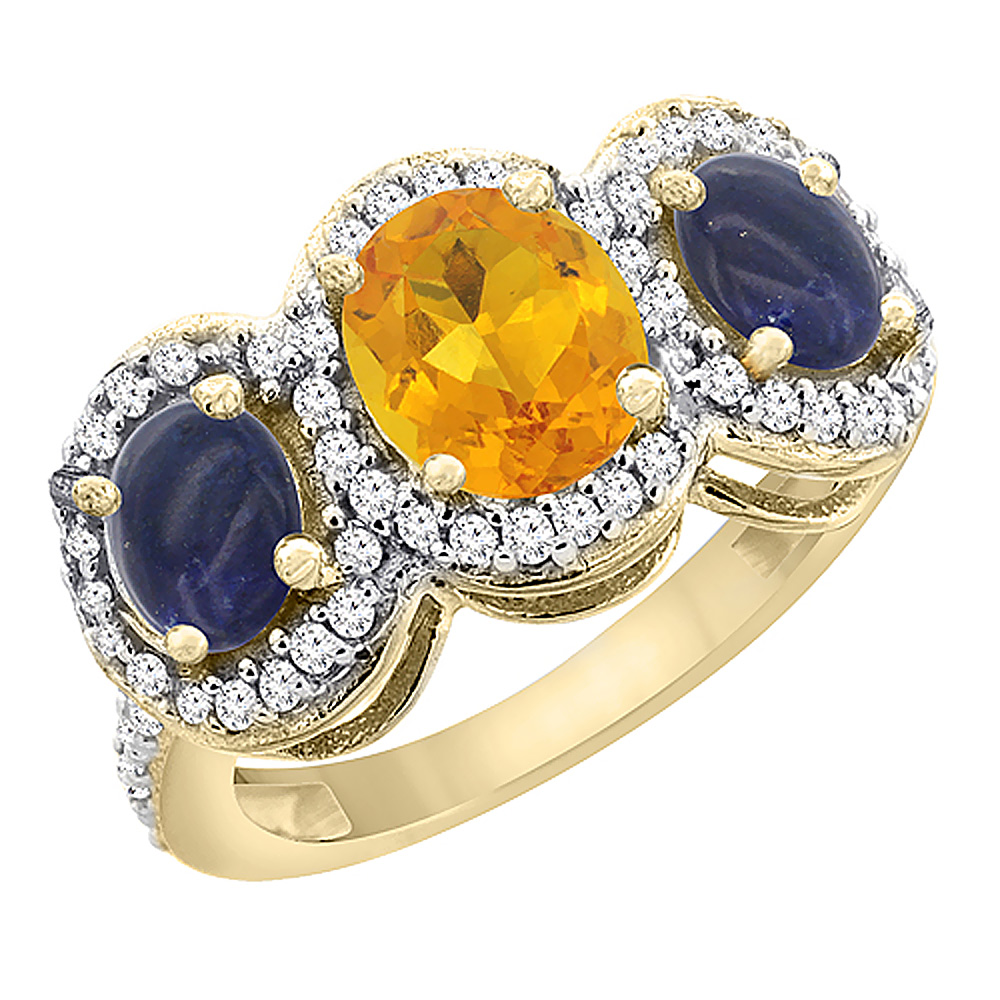 14K Yellow Gold Natural Citrine & Lapis 3-Stone Ring Oval Diamond Accent, sizes 5 - 10