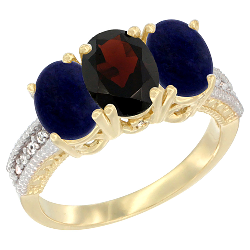 14K Yellow Gold Natural Garnet Ring with Lapis 3-Stone 7x5 mm Oval Diamond Accent, sizes 5 - 10