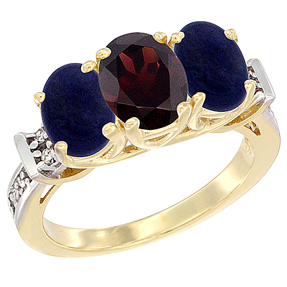 10K Yellow Gold Natural Garnet & Lapis Sides Ring 3-Stone Oval Diamond Accent, sizes 5 - 10