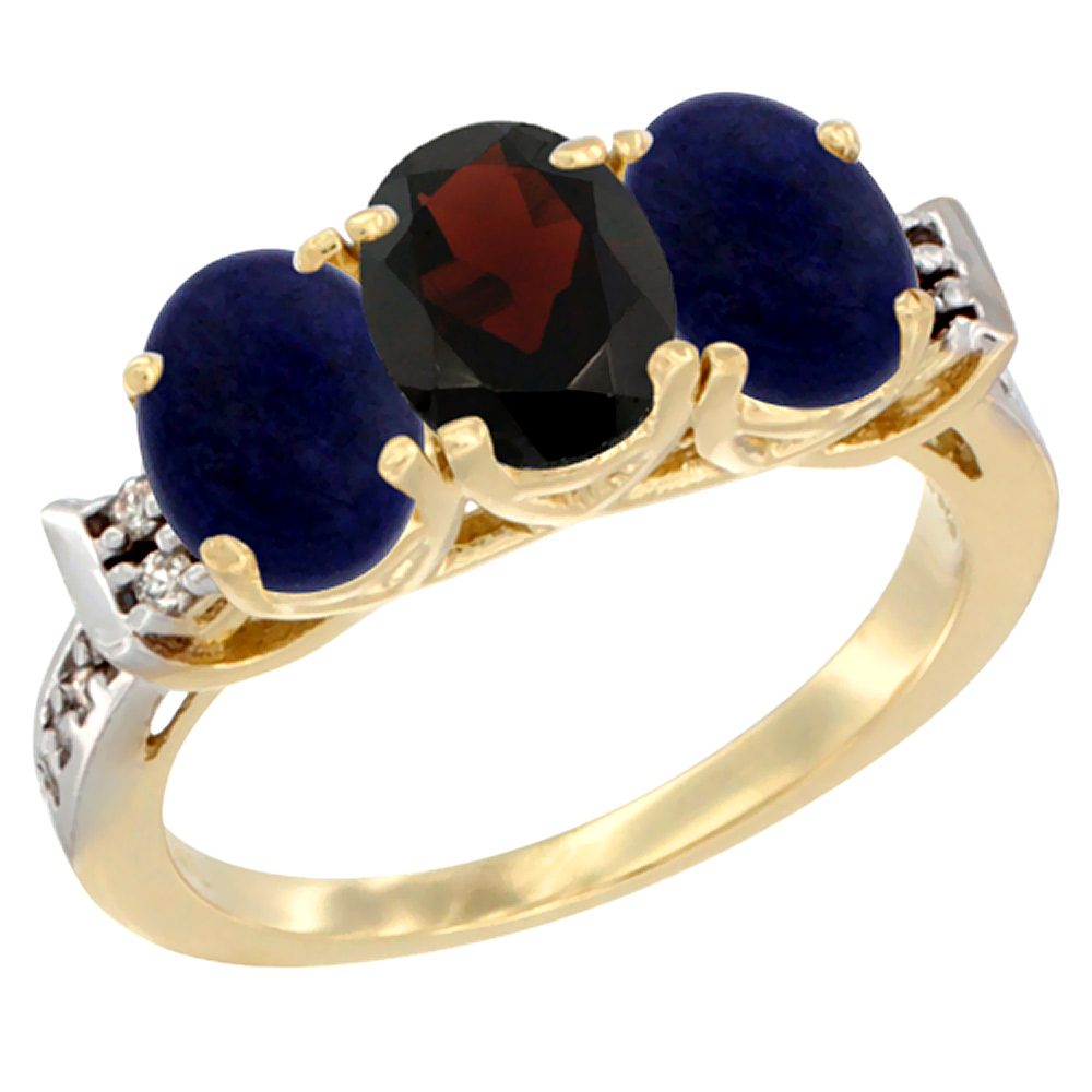 10K Yellow Gold Natural Garnet & Lapis Sides Ring 3-Stone Oval 7x5 mm Diamond Accent, sizes 5 - 10