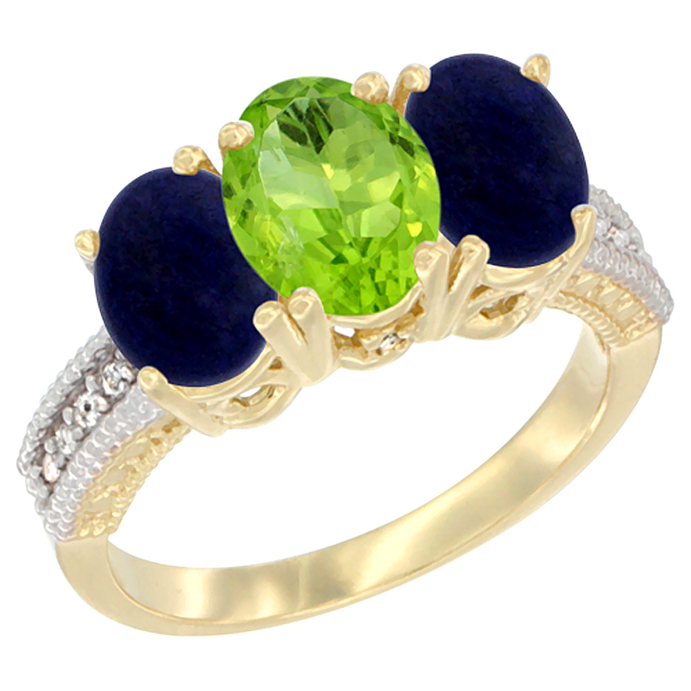 14K Yellow Gold Natural Peridot Ring with Lapis 3-Stone 7x5 mm Oval Diamond Accent, sizes 5 - 10